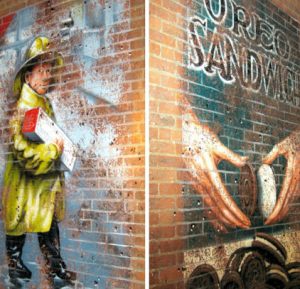Wall art of Oreo sandwich and person in yellow rain coat